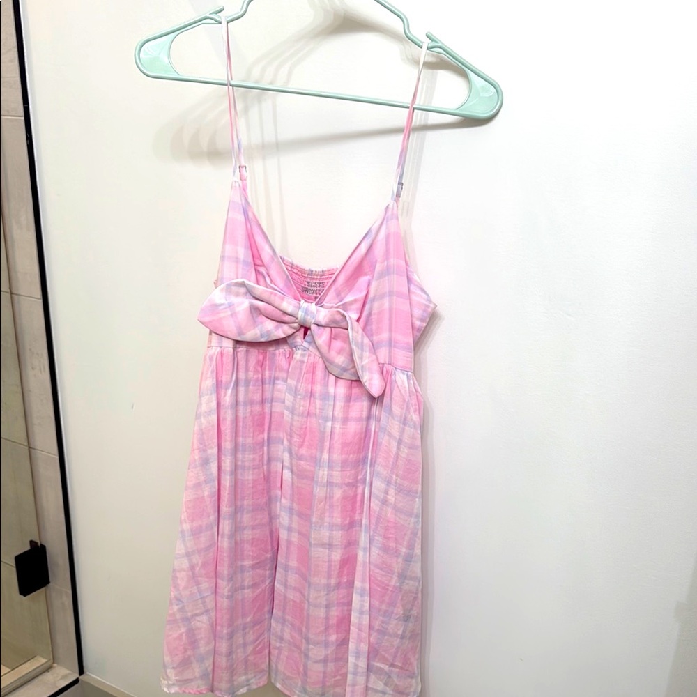 Pink Plaid Mini Dress with Bow